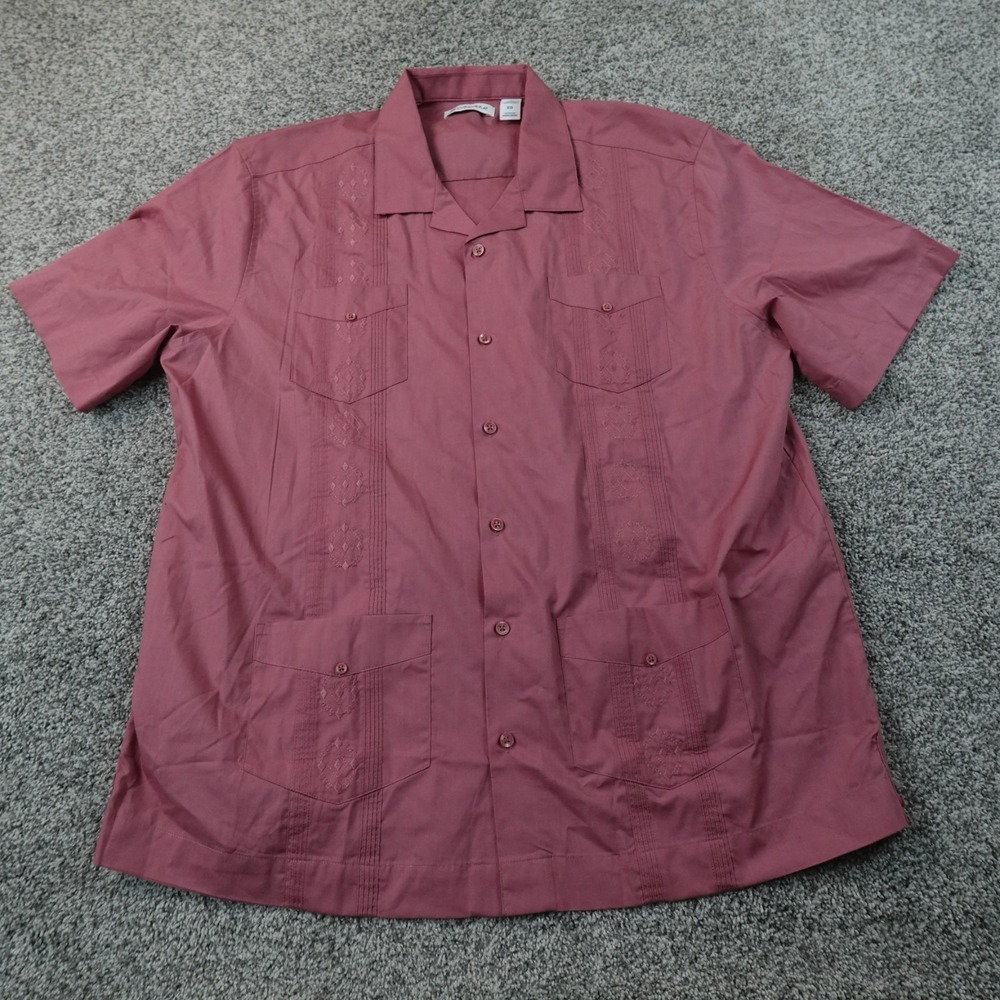 Cubavera Shirt Mens XL Red Pink Guayabera Camp Collar Short Sleeve Embroidered
